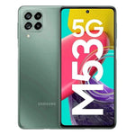 Refurbished Samsung Galaxy M53 5G smartphone with a sleek display, showing the front view of the Samsung device.