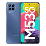 Refurbished Samsung Galaxy M53 5G smartphone with large display and quad-camera setup, shown in black color.
