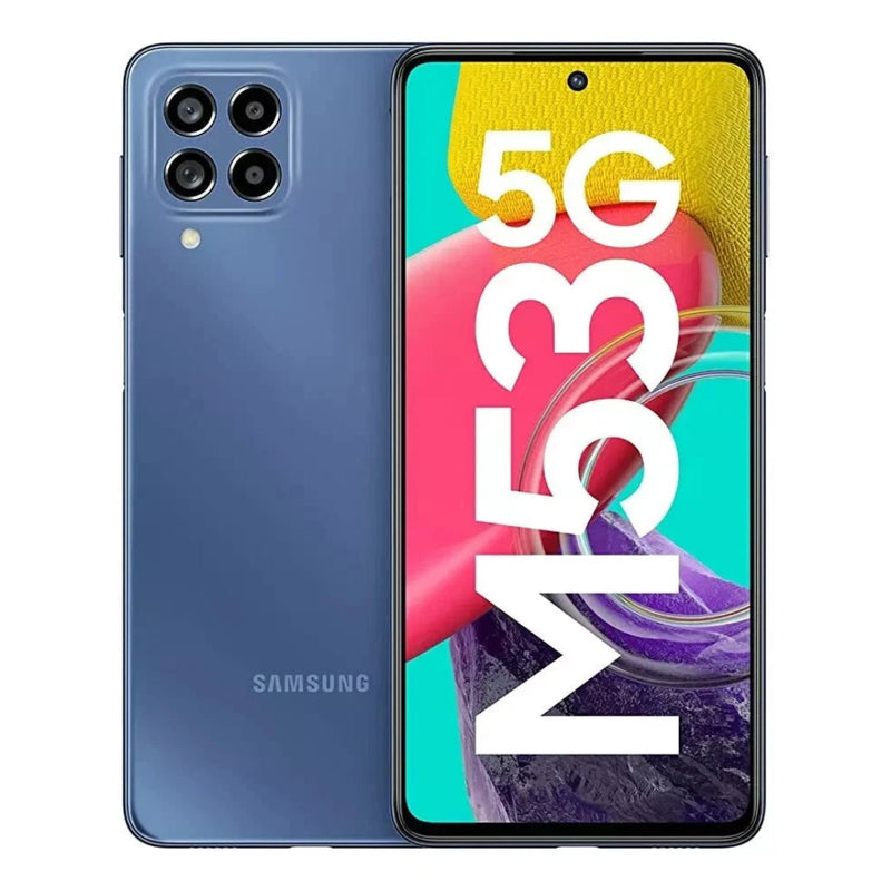 Refurbished Samsung Galaxy M53 5G smartphone with large display and quad-camera setup, shown in black color.