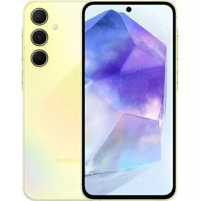 Refurbished Samsung Galaxy A55 smartphone with SIM free variant, showing the front display with vibrant screen and sleek design.