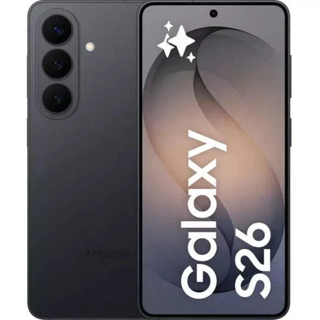 Refurbished Samsung Galaxy S26 5G smartphone with black front and sleek design, shown in close-up on a white background.