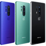 Refurbished OnePlus 8 Pro 5G smartphone with sleek black design and large display, showing front view with screen on.