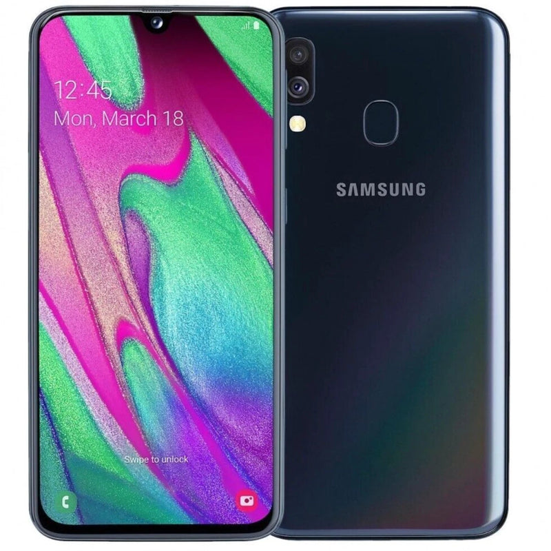 Refurbished Samsung Galaxy A40 smartphone in black with 64GB storage, unlocked and EE locked, shown in a close-up image.