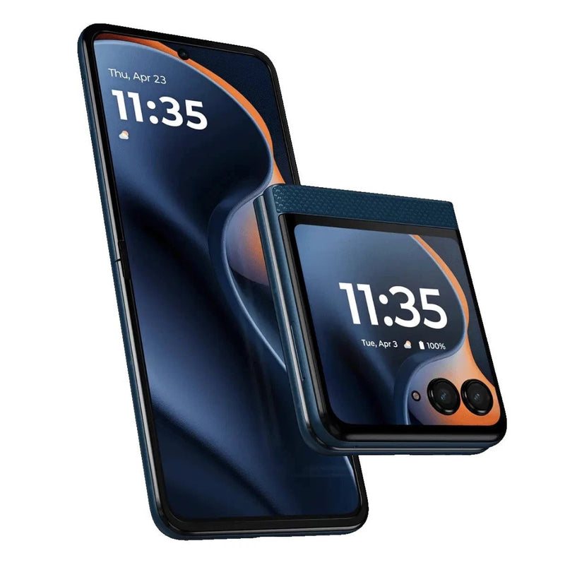 Refurbished Samsung Motorola Razr 60 flip phone with screen and keypad, SIM free variant, in a sleek, modern design.