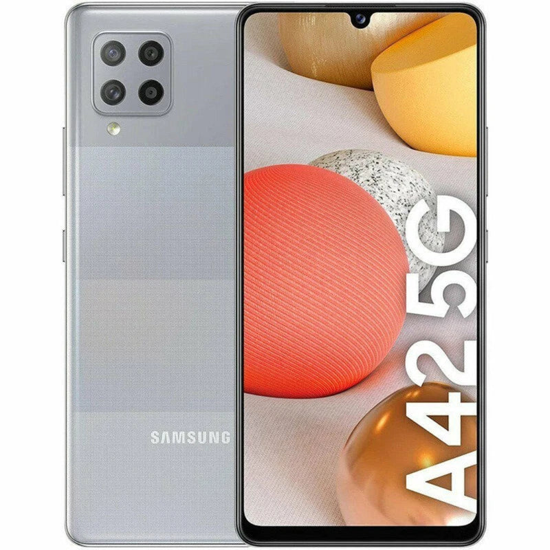 Refurbished Samsung Galaxy A42 5G smartphone with black display and sleek design, SIM free variant, showing front view.