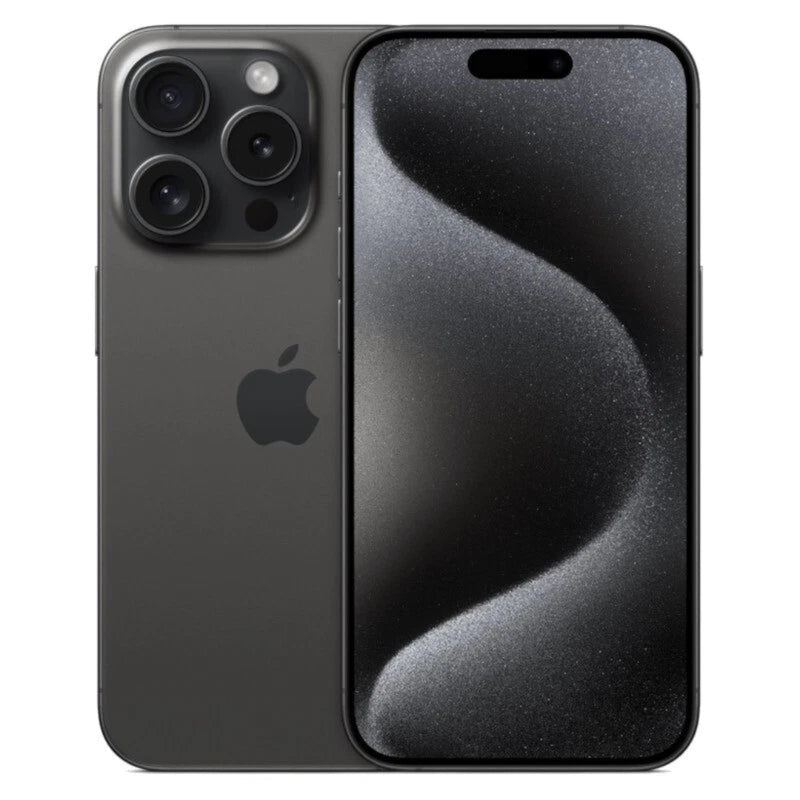 Refurbished Apple iPhone 15 Pro Max 5G SIM free smartphone with sleek design and large display, shown in black color.