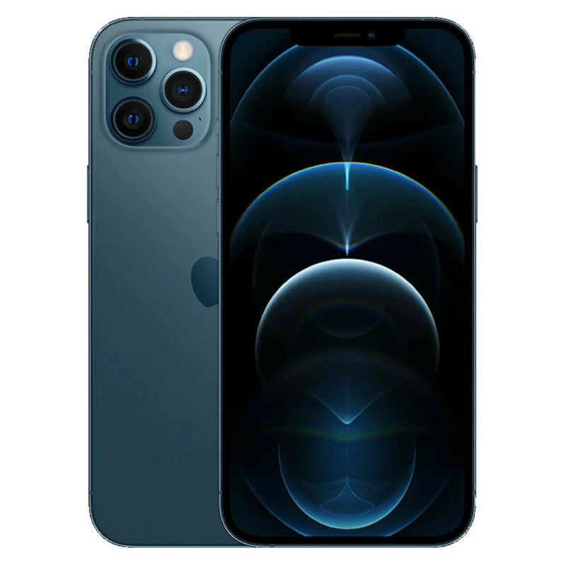 Refurbished Apple iPhone 12 Pro unlocked smartphone with triple camera system and sleek design, displayed in a front view.