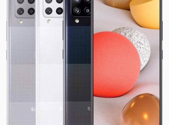 Refurbished Samsung Galaxy A42 5G smartphone with sleek design, shown in a natural pose with the screen turned on.