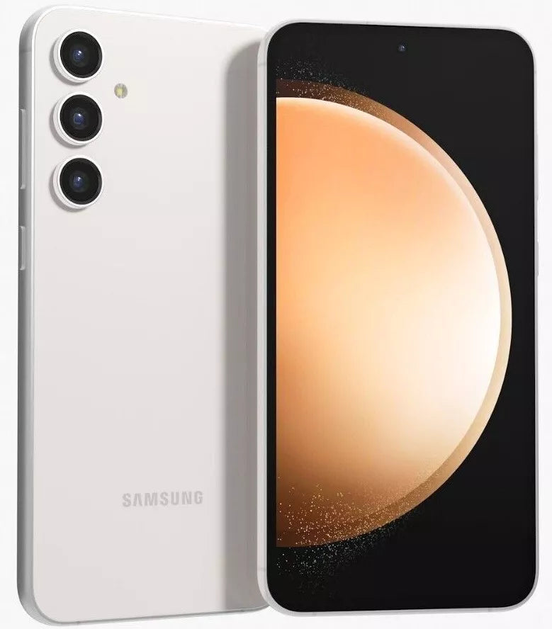 Refurbished Samsung Galaxy S23 FE 5G smartphone with sleek design and display, showing the front screen with app icons.