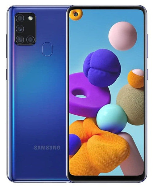 Refurbished Samsung Galaxy A21S smartphone in blue, showing the front display and sleek design.