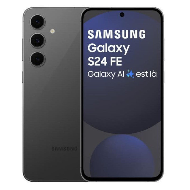 Samsung Galaxy S24 FE 256GB 5G smartphone in Graphite, unlocked and refurbished, featuring a sleek display and modern design.