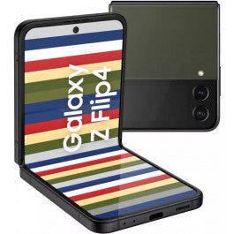 Refurbished Samsung Galaxy Z Flip4 5G unlocked smartphone displaying its folded form and vibrant screen.