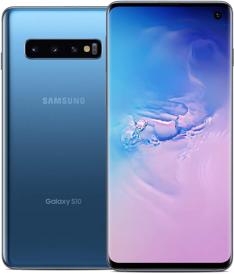 Refurbished Samsung Galaxy S10 SIM free smartphone with sleek design and large display, showing front view with screen on.