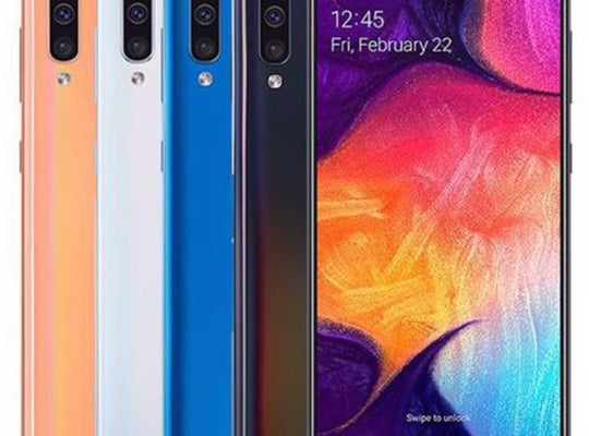 Refurbished Samsung Galaxy A50 SIM free smartphone showing front display with screen and sleek design.